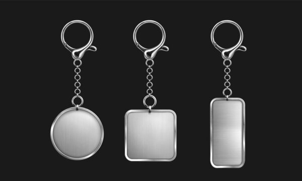 Silver keychain with ring mockup for branding. Realistic vector illustration set of blank grey metal key holder template. Chrome trinket souvenir badge of round rectangle and square shape.