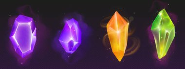 Sihirli neon renkli değerli taş kristali siyah arkaplanda. Fantezi parlayan değerli değerli taşların gerçekçi 3D vektör çizimi. Kıymetli mücevher mineral kaya kümesi. Parlak kristal parça.