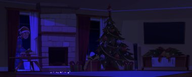 Noel 'de evdeki hırsız oturma odasında. Tatil sahnesinde gece evde hırsız var. Dairenin içinde ay ışığı arka planında bir soyguncu var. Kanun kaçağı karakter çizimi