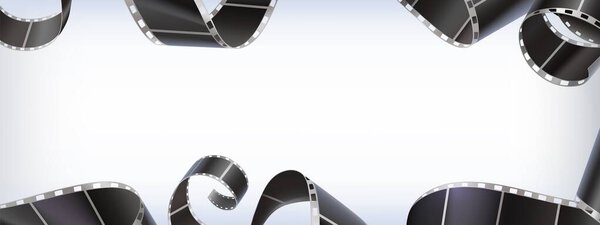 Рамка ленты изолирована на белом фоне. Векторная реалистичная иллюстрация шаблона баннера кинотеатра с пустым местом для текста, винтажной видеоленты, кинопроизводства, шаблона объявлений фестиваля искусств