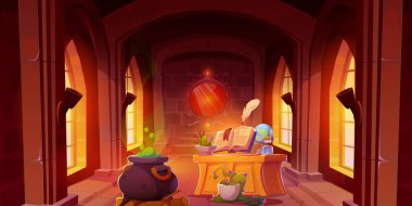 Şato odasındaki cadı kazanında iksir kaynıyor. Kadim laboratuvar odasının vektör çizimi, tahta masanın üzerinde büyü kitabı, duvarda ayna, saksıda yeşil zehir, simya bilimi sınıfı.