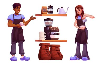 Kahve makinesi ve kahve fincanı. İnsanlar izole edilmiş bir restoranda espresso veya latte yapıyorlar. Önlük giymiş kadın karakter. Tedarikçi. Kahve demliği ve çaydanlık rafta.