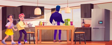Buzdolabının yanındaki adam ve çizgi filmdeki çocuklar. Çocuklar modern dairede modüler yemek mobilyalarıyla sessizce odaya girerler. Pencere tasarımından güneş ışığına dönen kişi.