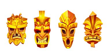 Altın tiki maskesi. Afrika ya da Hawaii totemi vektörü. Polinezya kabilesinin yaz partisi illüstrasyonu işareti. Aztek heykel tasarımı seti. Dini dekorasyon için Maya 'nın baş karakteri.