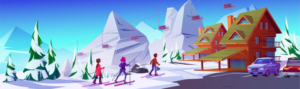 Ski resort in winter. Snow landscape background. Snowy cabin or hotel in Austria. Mother with children travel on holiday to Switzerland chalet. Sunny scene of extreme alpine retreat in house