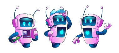 Sevimli robot karakter. Sohbet robotu çizgi film çizimi. Gelecekçi yapay zeka sohbet robotu seti. Aşk ifadesi ve gülümseme simgesi olan komik sanal bir sayborg. Mutlu uzaylı sembolü