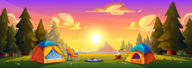 Ormanda dağ manzaralı günbatımı kamp çadırı. Açık hava kamp macerası piknik ve yürüyüş yaşam tarzı. Doğa yolculuk illüstrasyonunu keşfeder. Çok güzel bir tatil geçmişi var.