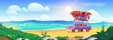 Bagajı yaz plajında park edilmiş bir araba. Kumlu, çiçekli ve çimenli güneşli deniz manzaralı vektör karikatür çizimi, araba bagajı ve teknesi, aile tatili geçmişi, gökteki güneş
