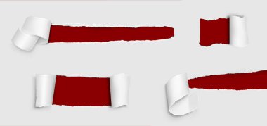 Yırtık kağıt rulo. Delikli beyaz yırtık sayfa kenarı. Satış şablonu için gerçekçi görünüm sayfası efekti ayarlandı. Kırık kenarlık parçasıyla birlikte açık çerçeve. Reklam illüstrasyonu için boş dönüş notu veya etiket