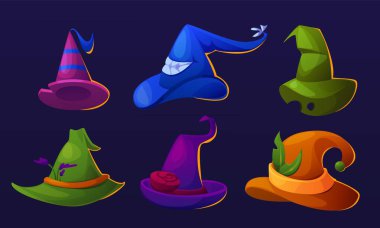 Sivri uçlu ve dekoratif unsurları olan sihirli cadı şapkası. Cadılar Bayramı tasarımında sihirbaz şapkası çizimi. Fantezi büyücüsü büyülü kostüm parçası. Sihirbaz kıyafeti.