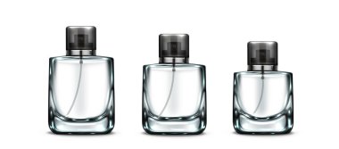 Üç boyutlu cam parfüm şişesi. Kozmetik konteynır modeli. Şapka tasarımlı boş bir matara. Pazarlama için parfüm ya da kolonya silindiri örneği. Yuvarlak lüks ve berrak parfüm hediye koleksiyonu