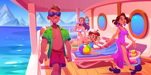 Tourists having rest on cruise ship. Vector cartoon illustration of man smiling, happy young woman in bikini, little girl playing on board of vessel, mountain and seascape view, summer vacation