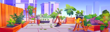 Çatıda bahçeli bir teras var. Şehir gökdeleninin çatısındaki balkonun karikatür vektörü. Yeşil yapraklı bitkiler, saksıda çiçek açan çiçekler ve şehir binalarının arka planında bahçe aletleri..
