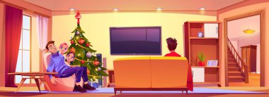 Evde Noel ağacı olan bir aile oturma odasında. Babam TV 'nin yanındaki kanepede uyuyor. Erkek ve kız kardeş birlikte Noel 'i kutluyorlar. Koltuklu, televizyonlu ve tatil dekorasyonlu bir salon.