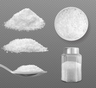Gerçekçi beyaz deniz tuzu ya da kaşık içinde şeker tozu. Cam şişedeki kristal mineral tanecikleri. Mutfak malzemesi kabında sodyum pişiriyorum. Kola pişirme, yemek pişirme ürünlerini kâse illüstrasyonunda dağıtıyor.