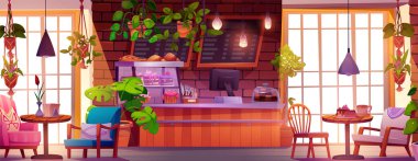 Kafenin iç tasarımı. Modern kafe ya da bar vektör arka planı. Pencere, tezgah, menü panosu ve masası olan fırın kafeteryası. Lezzetli pasta ve cappuccino ile boş kahvaltı alanı