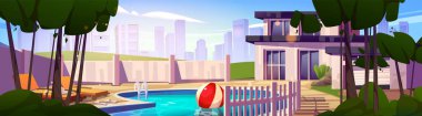Yüzme havuzlu, şezlonglu, şişme toplu, ağaçlı ve banliyö mahallesinde çitleri olan modern lüks malikanenin arka bahçesi. Köy kulübesinin havuz başı alanının çizgi film vektör illüstrasyonu.