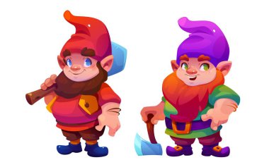 Gnome karakterleri beyaz arkaplanda izole edildi. Ellerinde kürek ve baltayla sakallı erkek elflerin vektör çizimi bahçede ya da benimkinde sevimli peri masalı cüceleri.