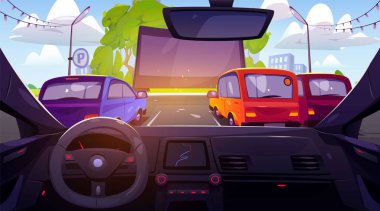 Outdoor drive cinema view from car cabin. Vector cartoon illustration of autos on parking with blank movie screen or street ads banner, green urban park, modern city buildings seen through windshield clipart