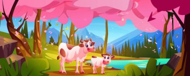 Dağ vadisinde inek ve buzağı. Göl kenarındaki anne ve bebek hayvanların vektör çizimi, tepedeki yeşil çimenler, havada uçan pembe ağaçlı bahçe, nehirde taze mavi su, güneşli mavi gökyüzü.