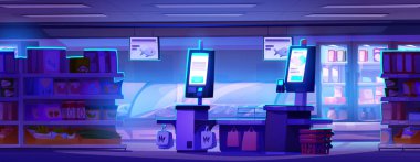 Geceleri elektronik ekranı olan bir süpermarket gişesi var. Raflarda ürünleri olan boş, karanlık, kapalı bir bakkal dükkanı ve modern otomatik, ulaşılamaz ödeme terminali..