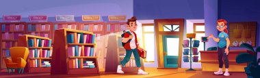 Kitapçı illüstrasyonu. Satıcı ve kitapla kütüphane içi. Öğrenciler eğitim için mağazadan öğrenme malzemeleri satın alırlar. Üniversite içindeki genç okuyucu kütüphaneciyle çıkış yapmak için kasiyer tezgahında.