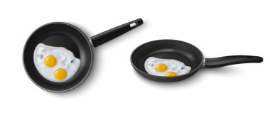 Kızarmış yumurtalı 3D tava. Kahvaltı hazırlıyorum. Sıcak omlet desenli gerçekçi tava. Lezzetli ev yapımı omlet. Kafe menüsü illüstrasyonu için detaylı doku hazırlama işlemi.