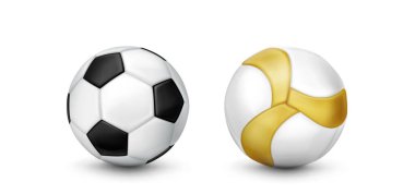 Üç boyutlu futbol topu. Beyaz ve siyah spor ikonu vektörü. Gerçekçi stadyum oyun element tasarımı seti. Futbol oyuncakları altın rengi ve beşgen desenli. Hayran ligi yarışması küresi grafiği