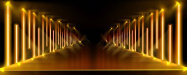 Sahne podyumu, neon lambalı ve siyah arka planda altın ışıklı. Kazanan ödül töreni veya sunumu için altın ışığı olan gerçekçi 3D vektör soyut sahne veya gece kulübü salonu.