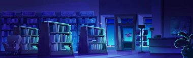 Gece kitapçısının içi ahşap raflarda kitaplarla dolu. Raflarda edebiyat, kartpostal rafı, sarı koltuk, tezgahta yazar kasa, duvarda hediyeler olan karanlık odanın vektör çizimi