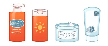 Güneş kremini şişeye koy. Yaz için güneş kremi kozmetik tüpü. Güneş yanığı koruması için kadın derisi losyonu paketi. Vücut bakımı ve nemlendirici izole edilmiş çizgi film vektörü. Suya dayanıklı cilt bakımı