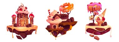 Candy Land oyunu, şatosu, evi ve ağacı olan yüzen adalar tasarlıyor. Tatlı manzaralı, zıplama platformlarının çizgi film vektör seti. Kurabiyeler ve kekler, çikolata ve dondurma fantezi dünyası.