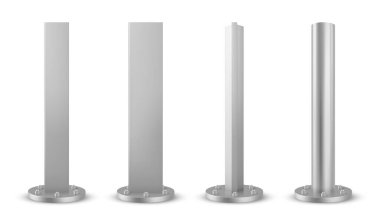 Reklam panosu, bayrak ya da sokak lambası için farklı şekillerde 3 boyutlu metal direk tabanı. Silindir, dikdörtgen ve vidayla demir kolon borularından oluşan gerçekçi vektör kümesi. Krom tabela yapısı.