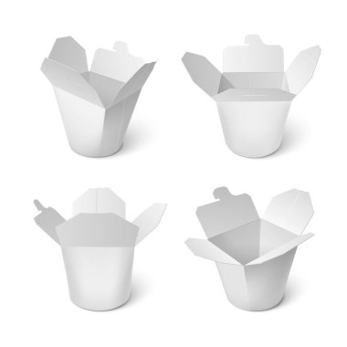 Erişte kutusu modelleri beyaz arkaplanda izole edildi. Paket servisi için boş karton kutular, geleneksel Asya yemekleri için ambalaj, boş öğle yemeği paketleri.