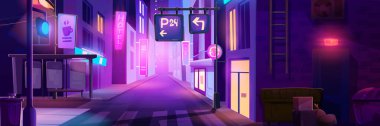 Gece şehir merkezi manzarası neon ışıklı elementlerle dolu. Yol, parlak reklam panoları ve tabelaları olan koyu mor şehir manzarasının karikatür vektör çizimi. Aydınlatılmış parlak şehir manzarası.