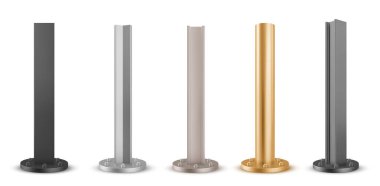 Farklı şekil ve renklerde üç boyutlu metal direk tabanı. Reklam panosu, tabela direği veya sokak lambası vidaları ile gri ve siyah, altın ve bronz metalik boru gerçekçi vektör seti.