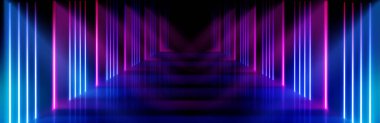 Neon ışıklı koridor arka planı. Fütüristik kulüp odasında soyut ve lazer sahnesi. Moda partisi için boş bir konser salonu. Pembe ve mavi çizgili, podyumlu siber iç bg..