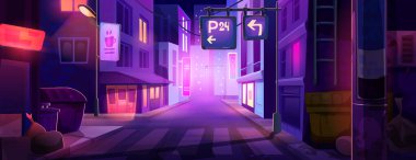 Geceleri modern Neon City Caddesi. Karanlık şehir yolu perspektifinin vektör çizimi, pencereleri, kafesi ve park yeri tabelası olan aydınlık binalar, zebra geçidi, kaldırımdaki çöp konteynırları