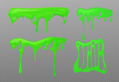 Şeffaf arkaplanda yeşil balçık sıçrama seti var. Neon sıvısının dökülen akışkan maddesinin vektör gerçekçi çizimi, zehirli mukus damlası, yapışkan balgam sıçraması, zehirli jöle şurubu dokusu