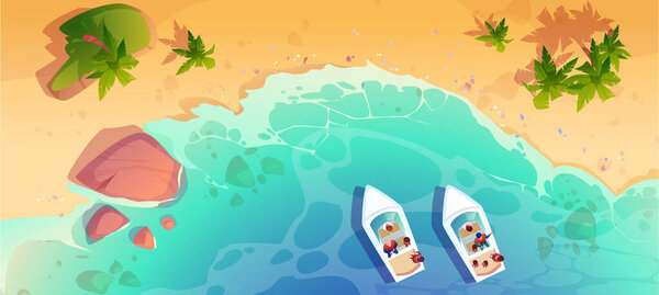 Top view on sea or ocean beach with blue and turquoise water wave with white foam, sand on shore, palm trees and stones, two yachts with people on board. Cartoon vector aerial pov on tropical harbor.