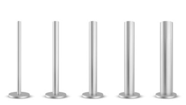 Metal kutuplar beyaz arkaplanda izole edildi. Paslanmaz çelik reklam afiş desteği, endüstriyel demir sütun, inşaat ekipmanları, demir pankart standı, mobilya bacağı