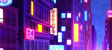 Geceleri şehir merkezinde modern bir şehir. Neon otel ve tabelaları olan gökdelen kulelerinin vektör karikatür çizimi, aydınlatılmış pencere ve balkonlarda sarı ışık, fütürist metaevren şehir manzarası