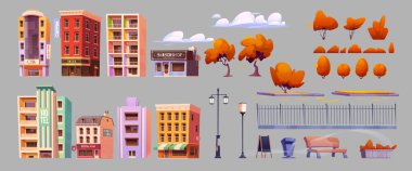 Autumn City sokak inşaatçısı arka planda izole edildi. Otel, restoran, kafe, kitapçı, berber dükkanı, bar binaları, apartman dairesi, sarı park ağaçları ve çalıların vektör çizimi