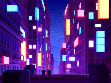 Modern gece şehir çatı manzarası. Pembe ve mavi ışıklı gökdelen kulelerinin vektör karikatür çizimi, aydınlatılmış pencerelerde sarı ışık, fütürist metaevren şehir manzarası, gökyüzündeki yıldızlar