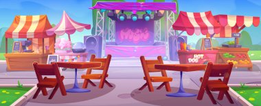 Şehir parkında eğlence amaçlı fast food tezgahları ve yaz günü sandalyeli sokak kafeleri olan açık hava müzik festivali. Çadırlı, projektörlü ve hoparlörlü çizgi film vektörü boş performans sahnesi.
