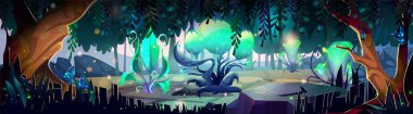 Fantezi parlayan çiçekler ve bitkilerle dolu sihirli bir orman. Mistik ve ürkütücü yaratıklarla dolu uzaylı rüya diyarı manzarasının çizgi film çizimi. Macera için gizemli bahçeli oyun ui seviye tasarımı.