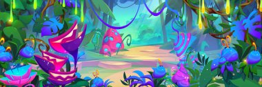 Magic forest with fantasy glowing fireflies and plants - flowers, mushrooms and berries. Cartoon vector alien dreamland scenery with mysterious garden creatures for adventure game ui level design. clipart