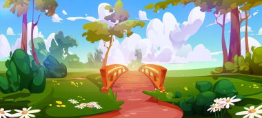 Forest landscape with bridge on river background. Cartoon fairytale summer nature valley with grass, bush and flowers. Garden environment and crossing construction with railing. Sunny game drawing