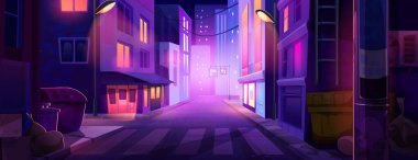 Geceleri Neon City Caddesi. Karanlık şehir yolu perspektifinin vektör karikatür çizimi, aydınlık pencereli modern binalar ve dükkanlar, park işareti, zebra geçişi, kaldırımdaki çöp kutusu
