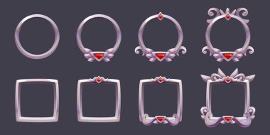 Fantezi ortaçağ sınırı. Rpg arayüzü için metal çerçeve tasarımı. Mücevher taşı ve süslemeli gümüş etiket. Klasik Avatar grafiksel gui seti. Daire ya da kare şeklinde boş kraliyet sancağı